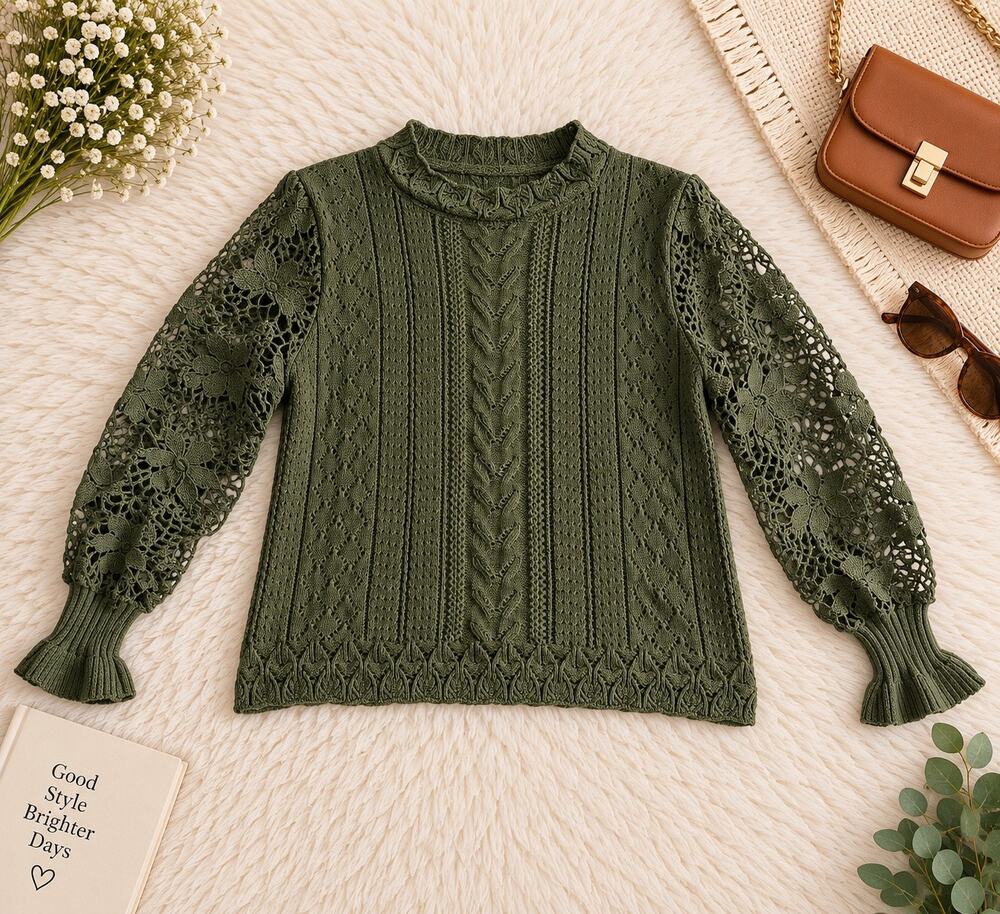 Women’s M Olive Green Crochet Lace Sleeve Knit Sweater Boho Cottagecore